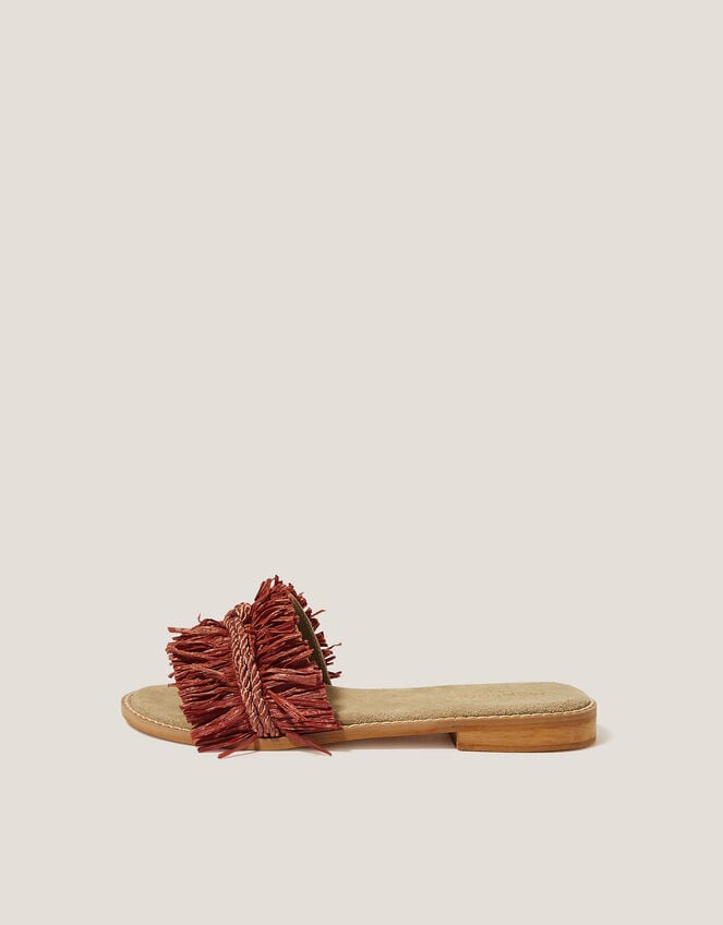Rhia Leather Raffia Slide Sandals, Orange (RUST), large