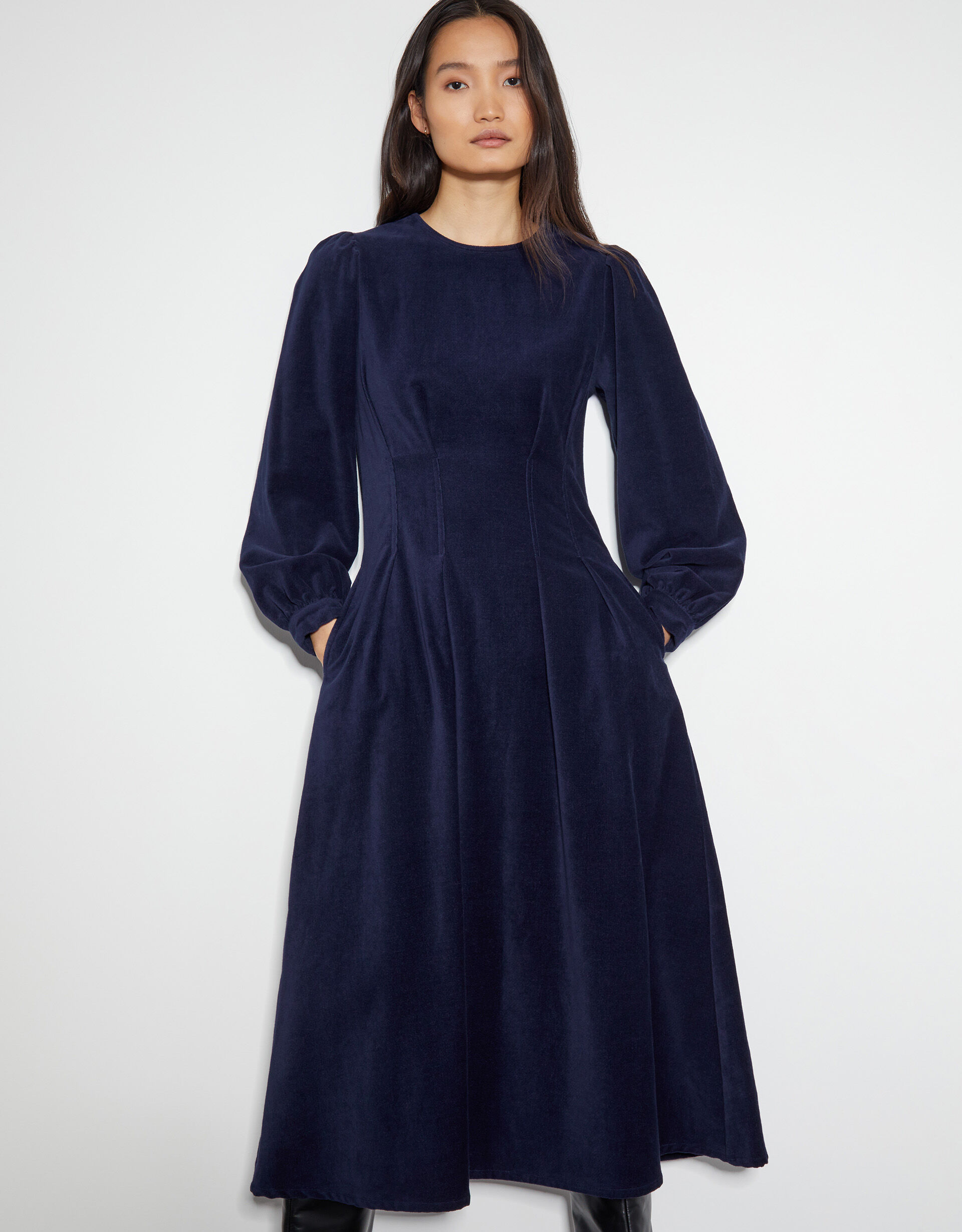 Eileen Seamed Velvet Dress Blue Day Dresses Monsoon UK