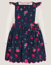Baby Floral Top & Corduroy Pinafore Dress Set, Blue (NAVY), large