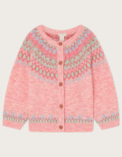 Fair Isle Knit Cardigan in Recycled Polyester, Pink (PINK), large