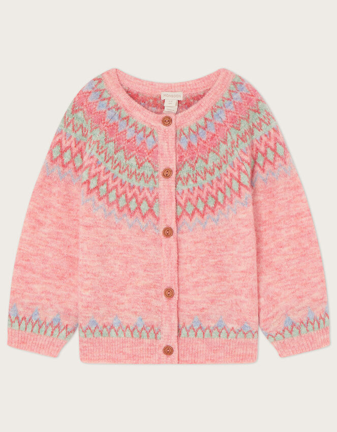 Fair Isle Knit Cardigan in Recycled Polyester, Pink (PINK), large