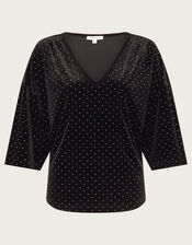 Nala Spot Velvet V-Neck Top, Black (BLACK), large