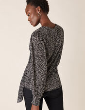 Printed Jersey Plisse Wrap Top, Black (BLACK), large