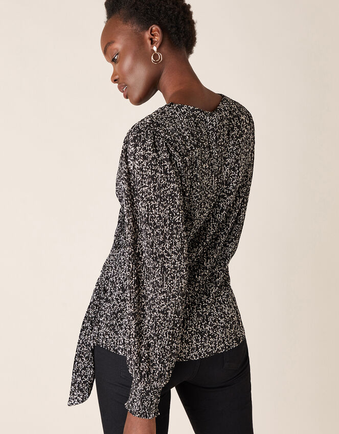 Printed Jersey Plisse Wrap Top, Black (BLACK), large