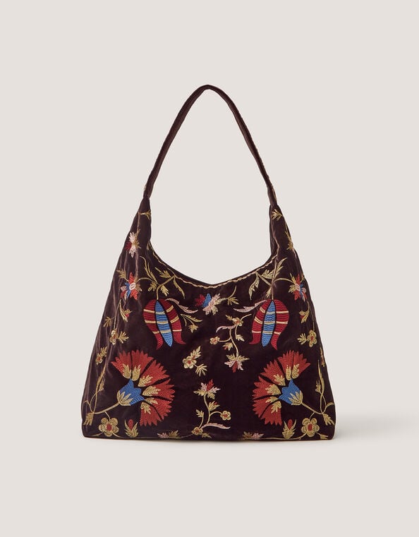 Hatti Embroidered Velvet Slouchy Shoulder Bag, , large