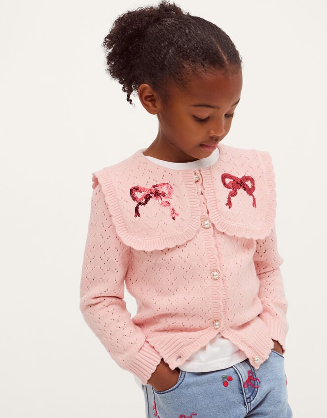 Sequin Bow Pointelle Cardigan, Pink (PINK), large