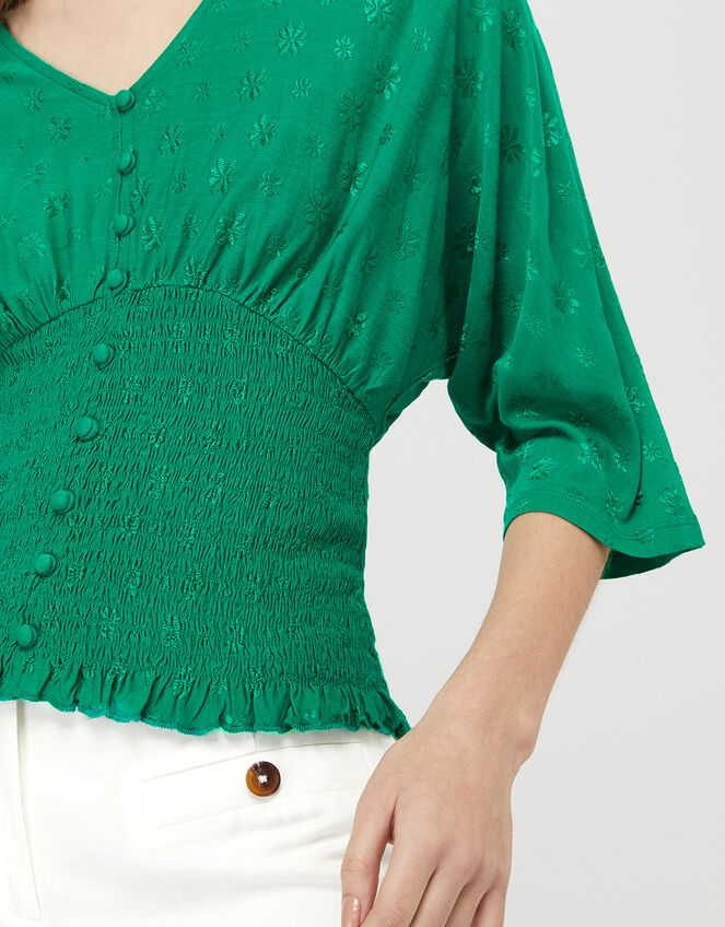 Janet Shirred Jacquard Top, Green (GREEN), large
