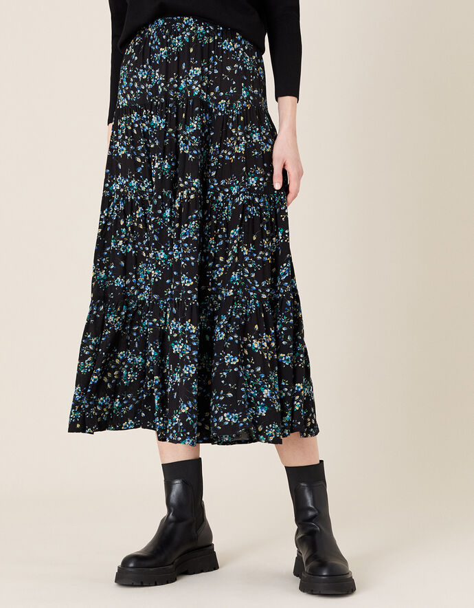 Floral Tiered Midi Skirt in LENZING™ ECOVERO™ Black | Skirts | Monsoon UK.