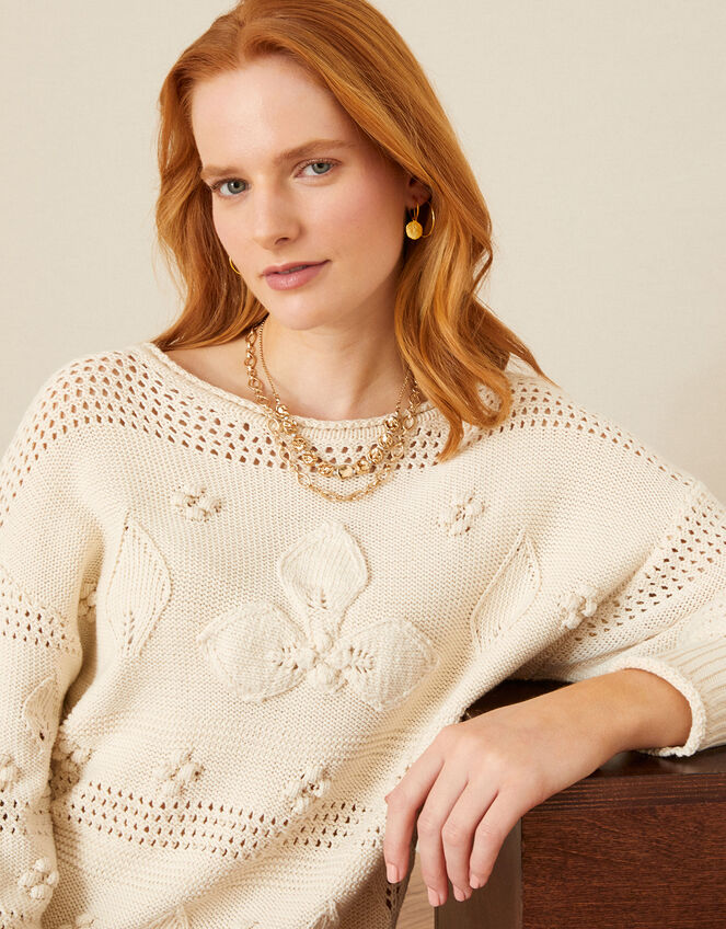 Stitch and Bobble Detailed Jumper in Recycled Cotton, Ivory (IVORY), large
