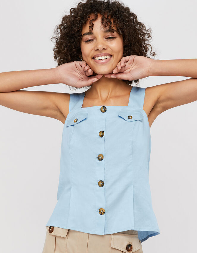 Bryony Cami in Linen Blend, Blue (BLUE), large