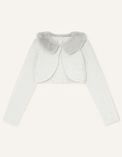 Sequin Faux Fur Collar Cardigan, Grey (GREY), large