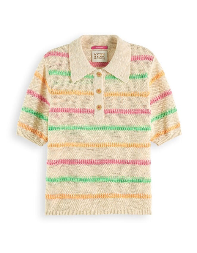 Scotch and Soda Stripe Collared Short Sleeve Pullover, Natural (NATURAL), large