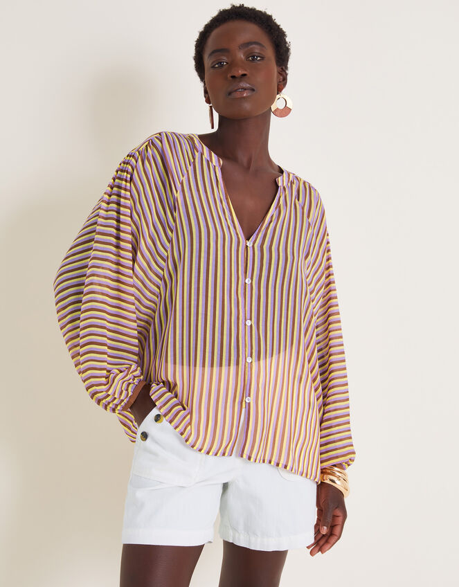 Yazmin Artisan Sheer Stripe Blouse, Brown (BROWN), large