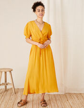 Ruched Midi Dress, Yellow (OCHRE), large