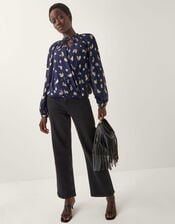 Angela Leaf Print Wrap Blouse, Blue (NAVY), large