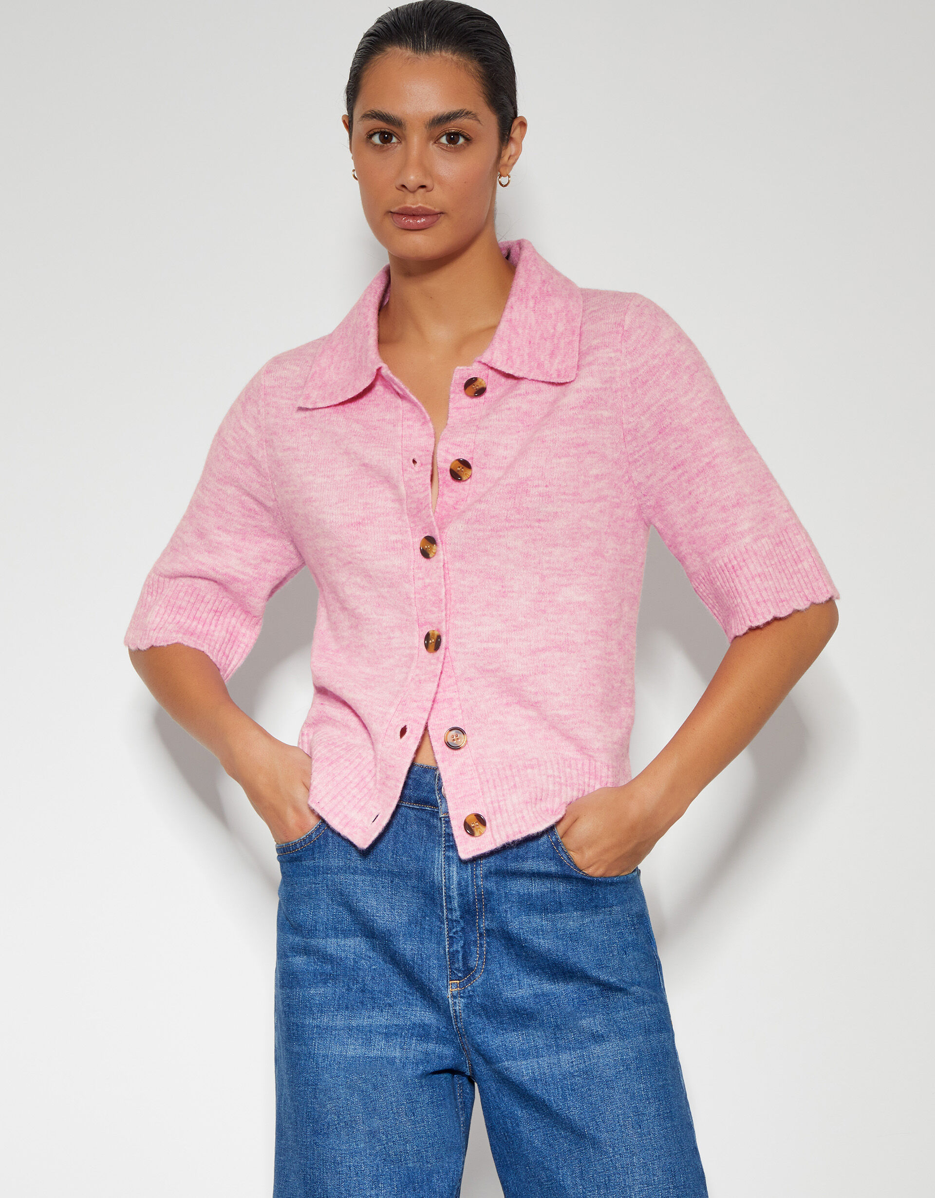 Cindy Short Sleeve Collar Cardigan Pink