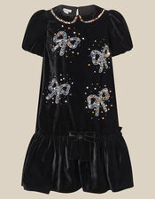 Mara Sequin Bow Velvet Swing Dress, Black (BLACK), large
