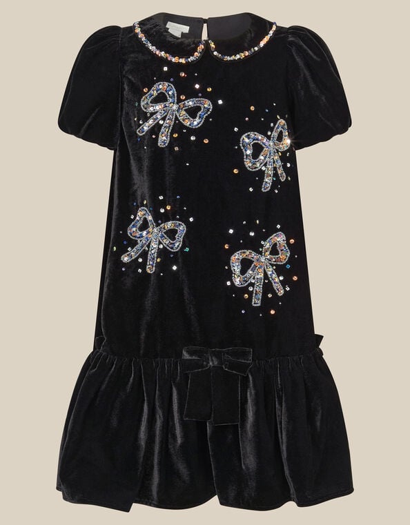 Mara Sequin Bow Velvet Swing Dress, Black (BLACK), large