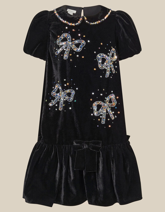 Mara Sequin Bow Velvet Swing Dress, Black (BLACK), large