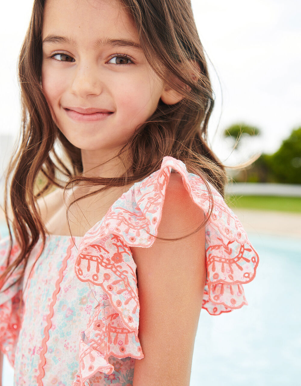 Ditsy Neon Embroidered Midi Dress Blue Girls' Dresses Monsoon UK.