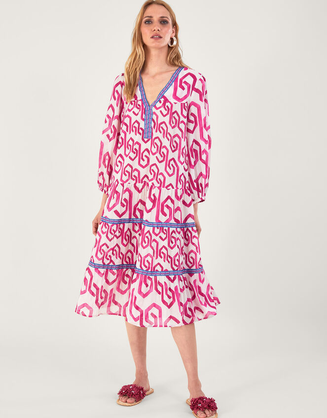 Geometric Print Kaftan Dress in Sustainable Cotton, Pink (PINK), large
