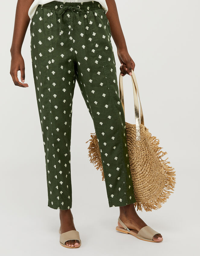 Francine Floral Joggers in Pure Linen, Green (KHAKI), large