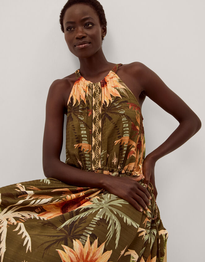 Fallon Sleeveless Tropical Print Midi Dress, Green (KHAKI), large