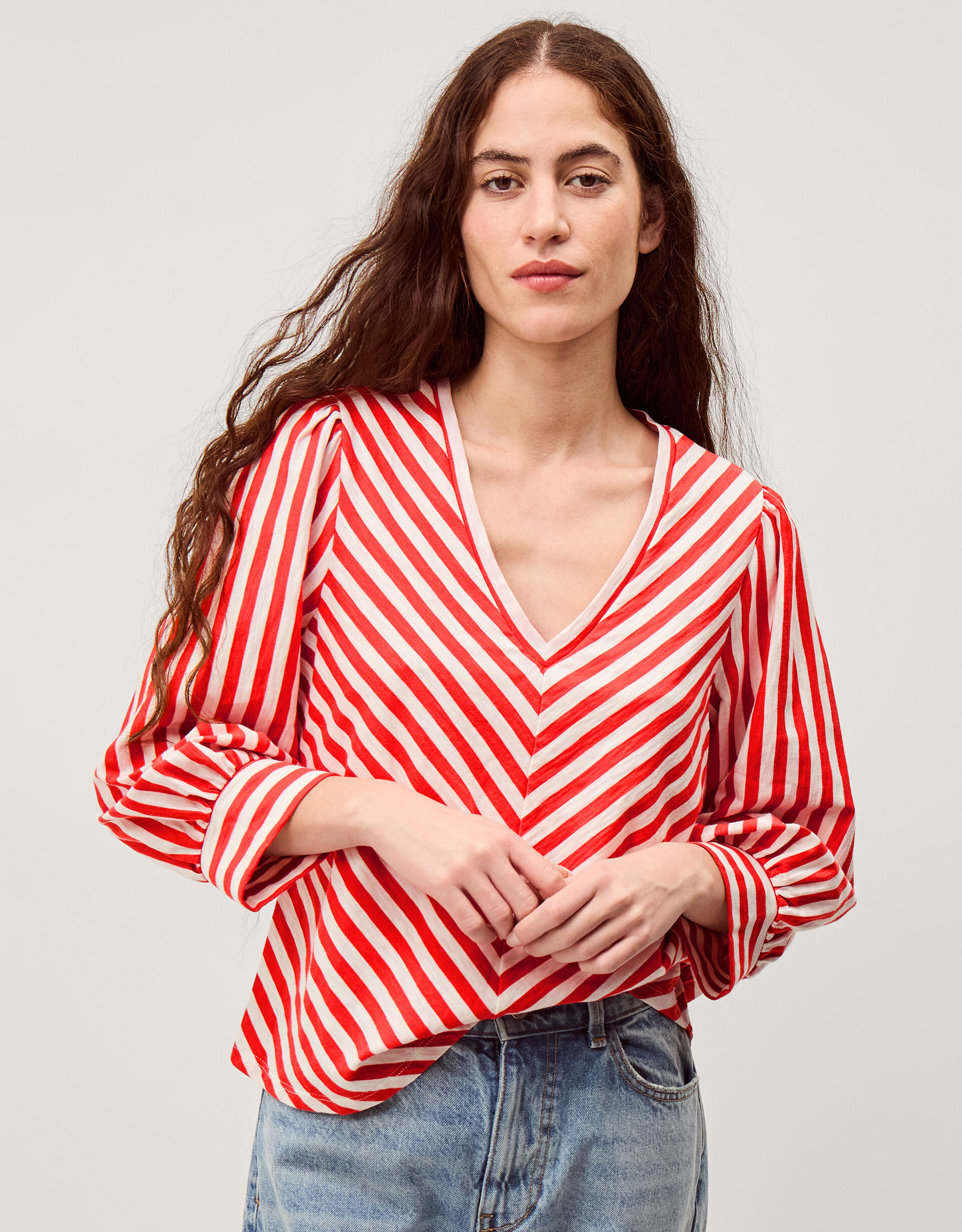 Shayla V-Neck Stripe Jersey Top Ivory