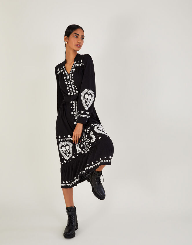 Embroidered Jersey Shirt Dress in Sustainable Cotton, Black (BLACK), large