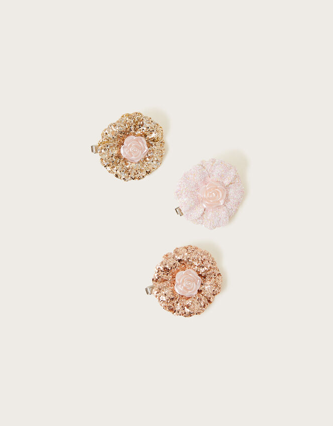 Girls Glitter Flower Clips Set of Three, , large