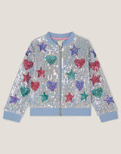 Star & Heart Sequin Bomber Jacket, Blue (BLUE), large