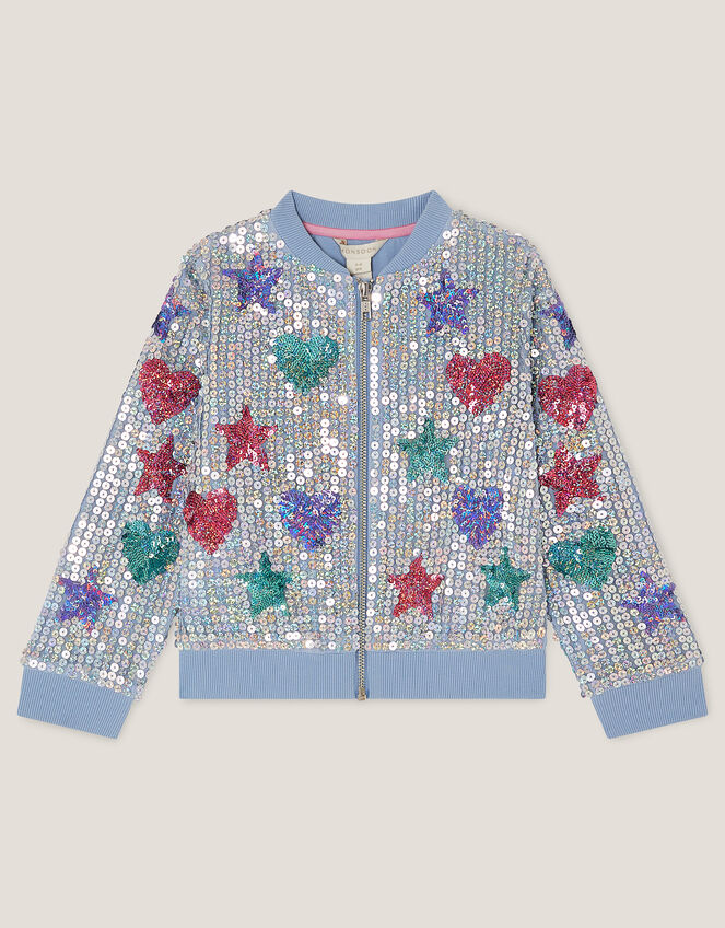 Star & Heart Sequin Bomber Jacket, Blue (BLUE), large