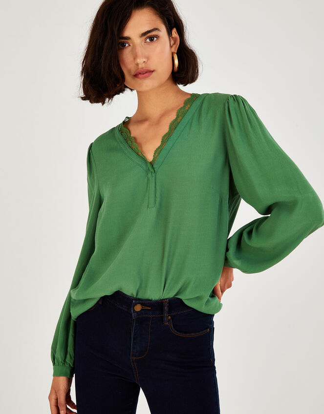 Emma Lace Trim Blouse in LENZING™ ECOVERO™, Green (GREEN), large