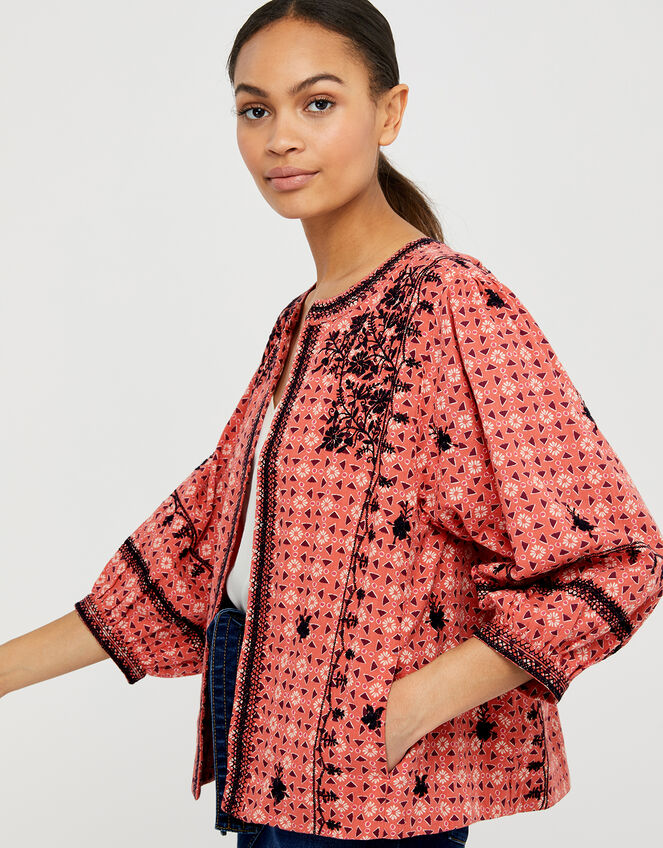 Lilla Embroidered Jacket in Organic Cotton, Orange (CORAL), large