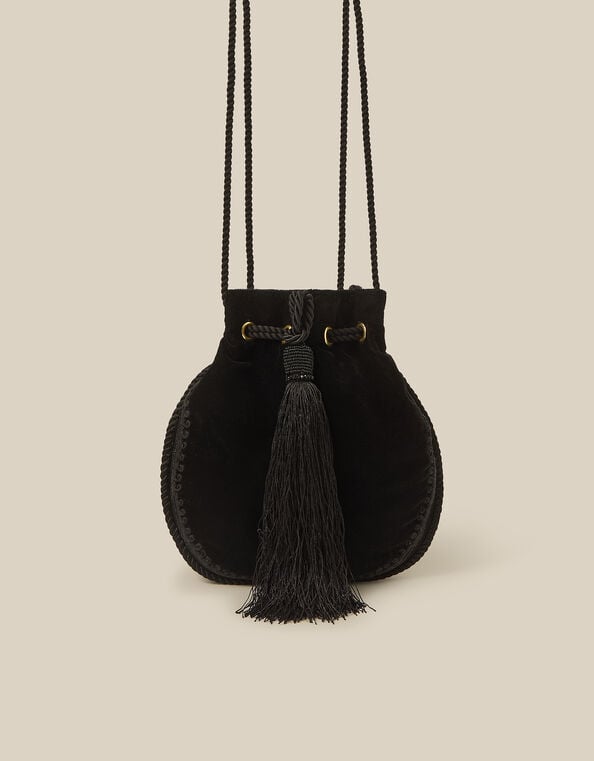 Hope Tassel Velvet Pouch Bag, Black (BLACK), large