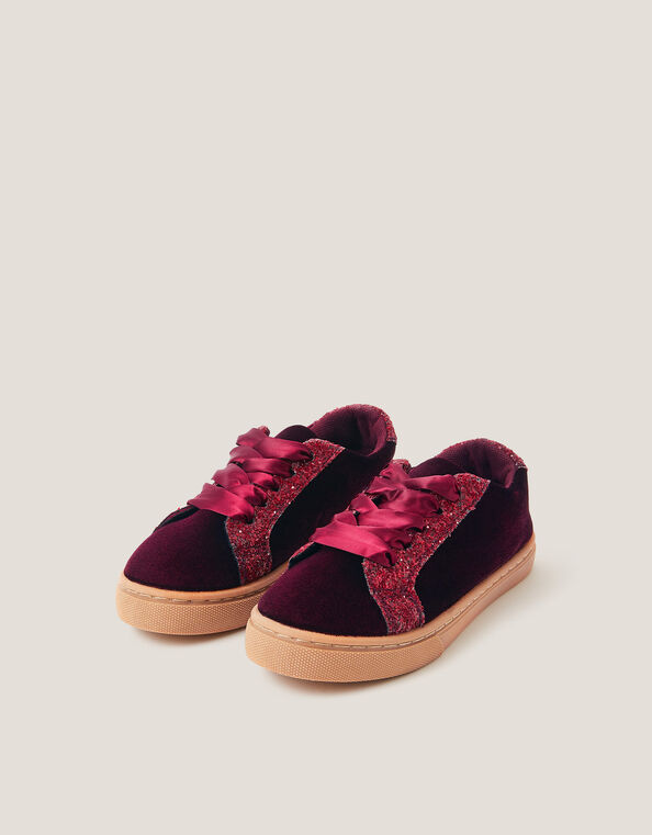 Glitter Velvet Trainers, Red (BURGUNDY), large