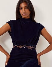 Grace High Neck Embroidered Velvet Midi Dress, Blue (NAVY), large