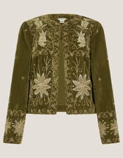 Magda Floral Embroidered Velvet Jacket, Green (KHAKI), large