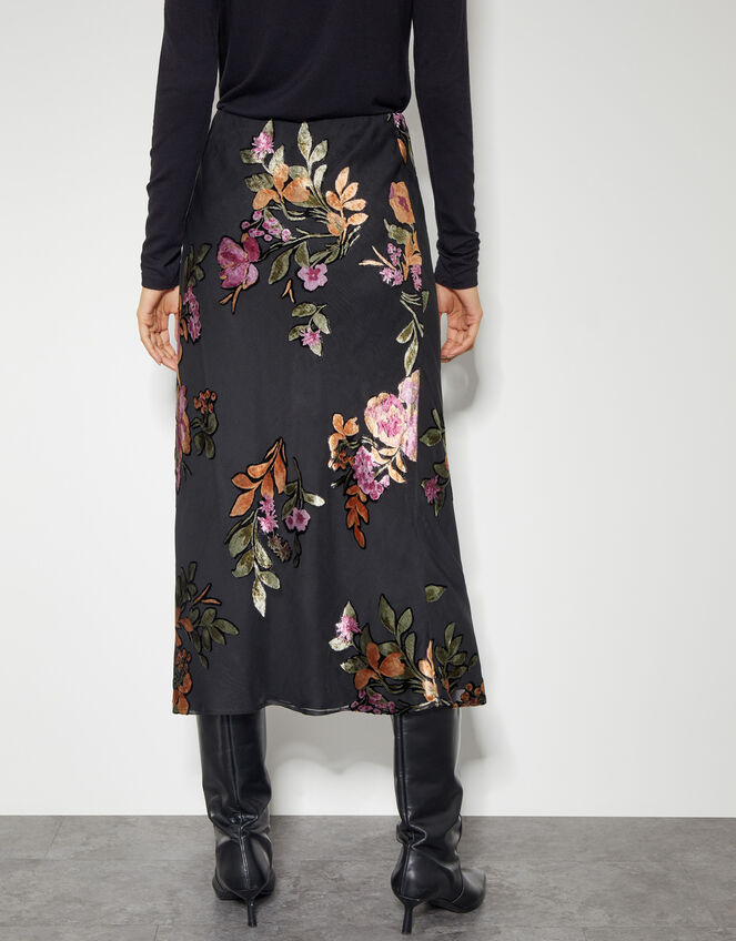 Ariella Floral Devore Midi Skirt, Black (BLACK), large