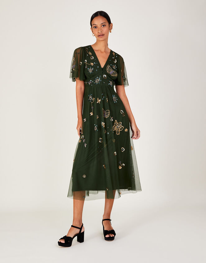 Kylie Embroidered Midi Tea Dress, Green (KHAKI), large
