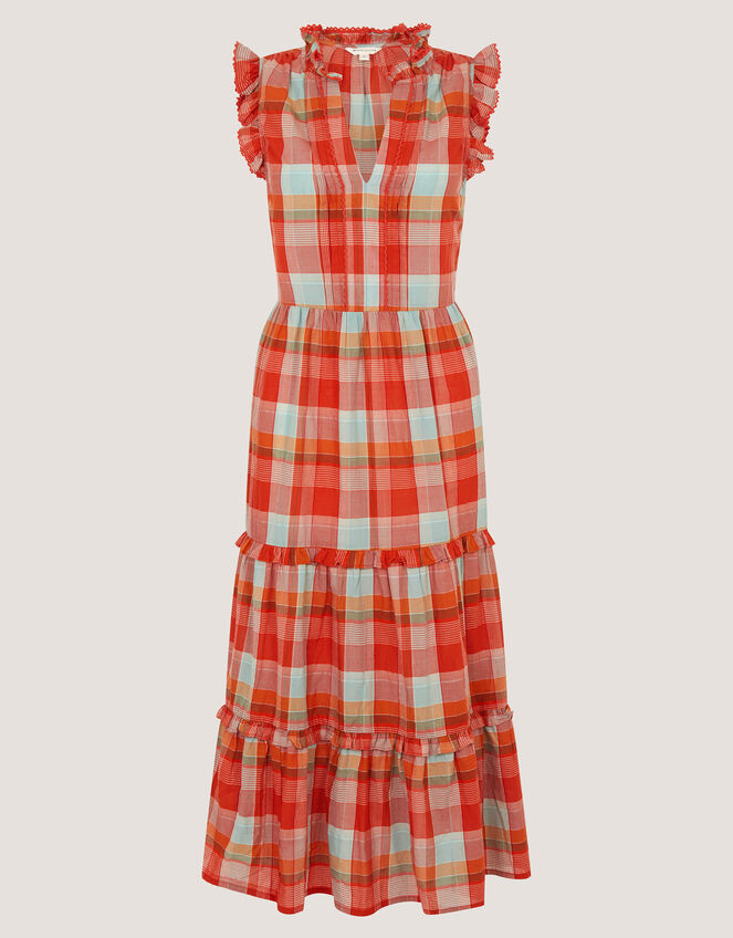 Cecily Check Print Tiered Midi Dress Orange
