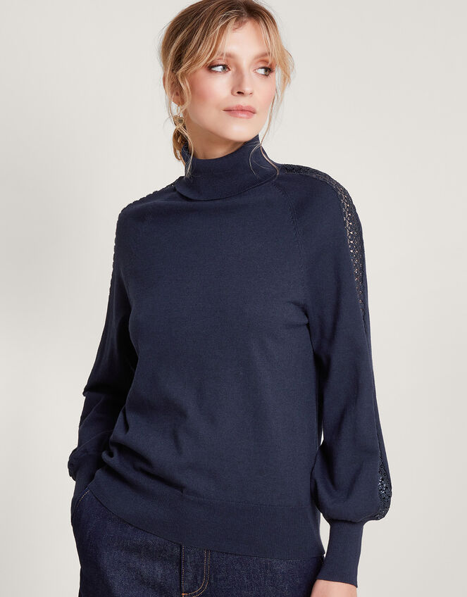 Lace Insert Polo Jumper with Recycled Polyester, Blue (NAVY), large