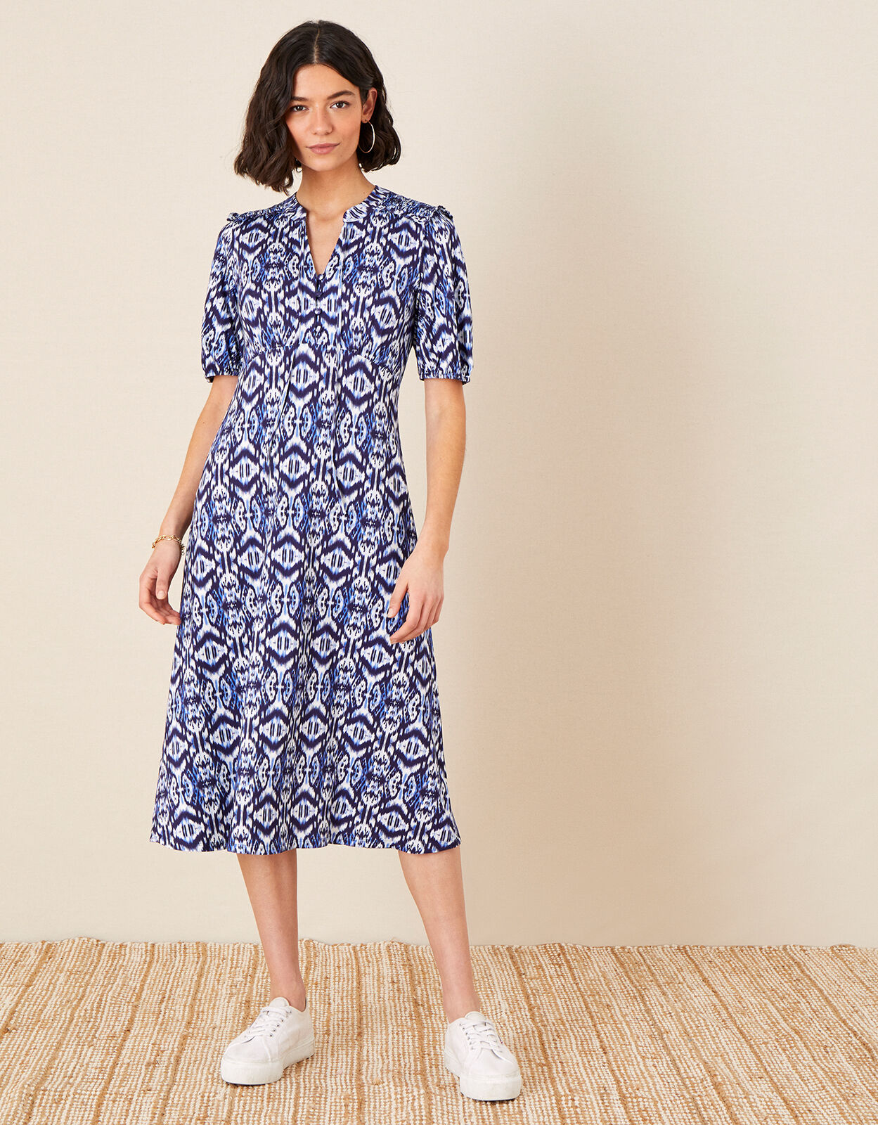 Ikat Printed Jersey Midi Dress Blue 