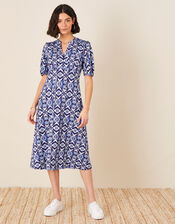 Ikat Printed Jersey Midi Dress, Blue (BLUE), large