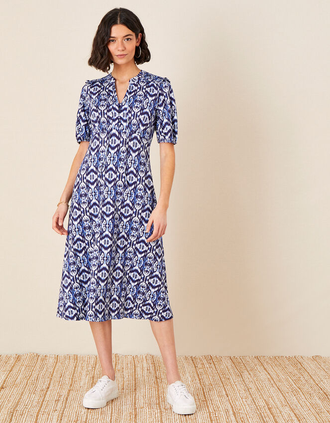 Ikat Printed Jersey Midi Dress Blue