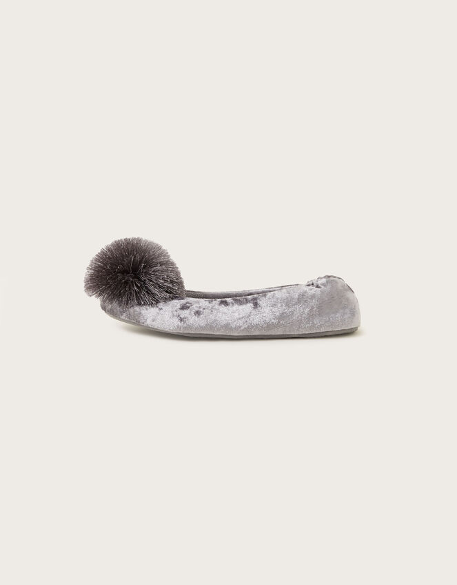 Velvet Pom-Pom Ballerina Flat Slippers, Grey (GREY), large