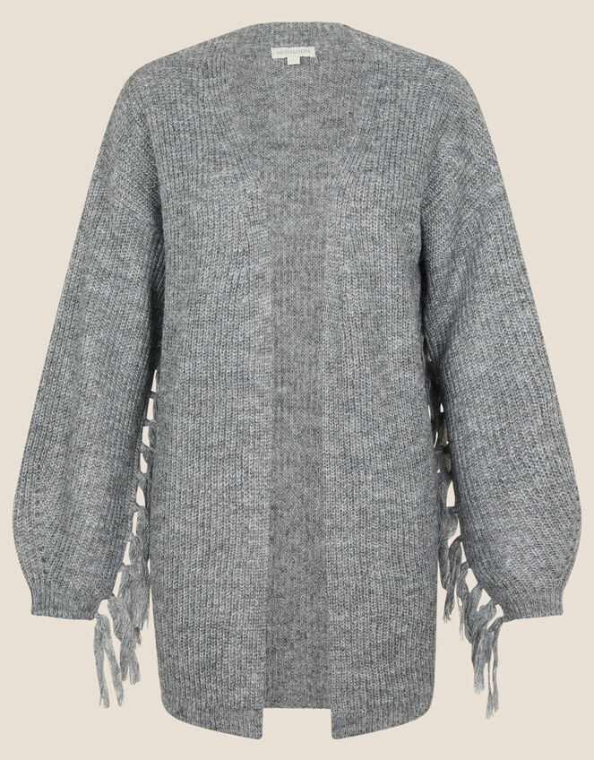 Fringe Cardigan with Recycled Polyester, Grey (CHARCOAL), large