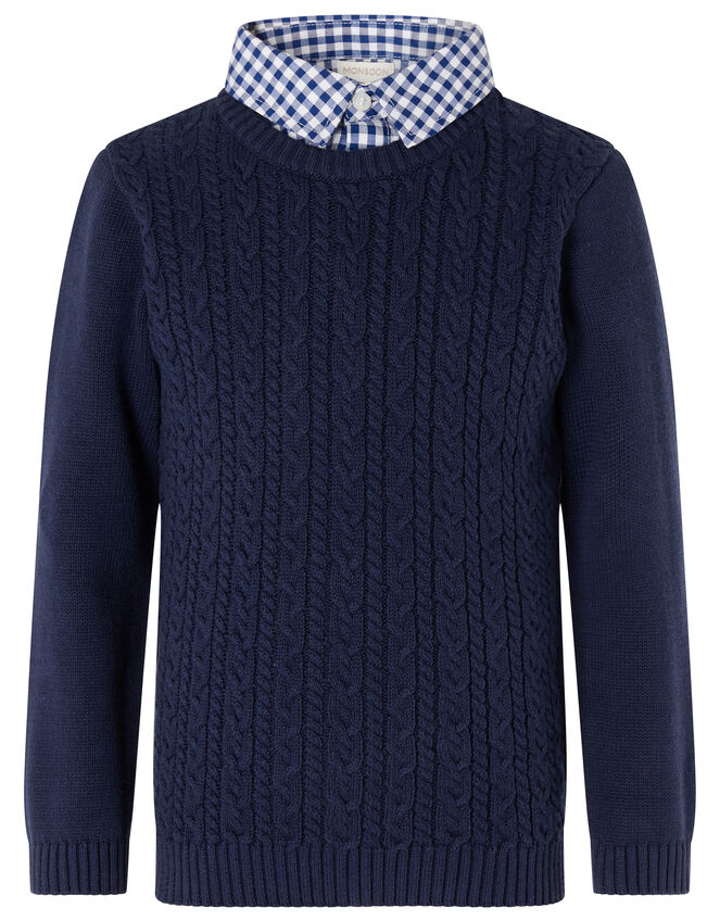 Mock Collar Cable Knit Jumper , Blue (NAVY), large