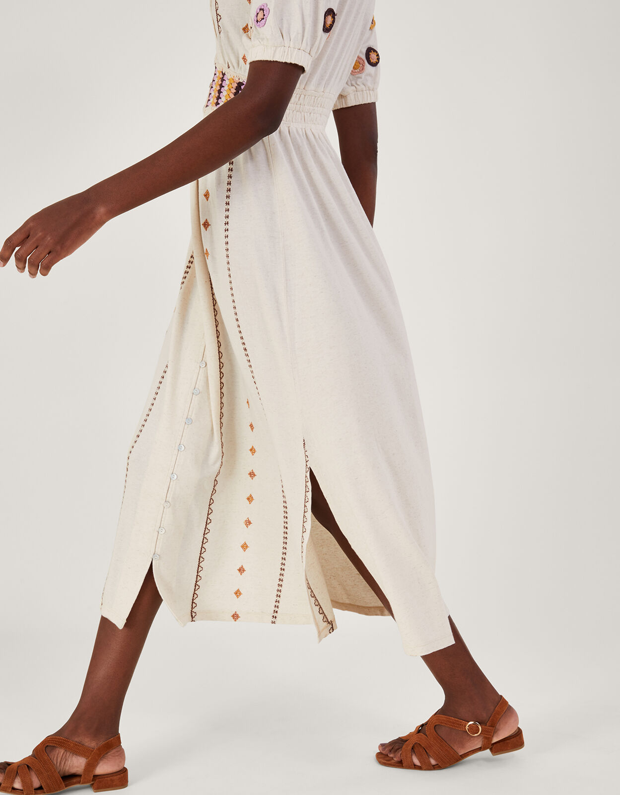 Crochet Trim Midi Dress in Linen Blend Natural
