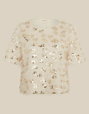 Saskia Short Sleeve Sequin Fringe Top , Ivory (IVORY), large